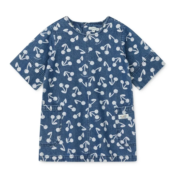 ANGELICA Bedrucktes Denim-Kleid Cherry blossom / Medium blue denim