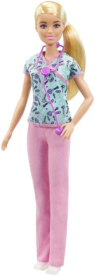 Barbie GTW39 – Krankenschwester-Puppe (ca. 30 cm) mit Oberteil mit Aufdruck und pinker Hose, weißen Schuhen und Stethoskop, tolles Spielzeug Geschenk für Kinder ab 3 Jahren