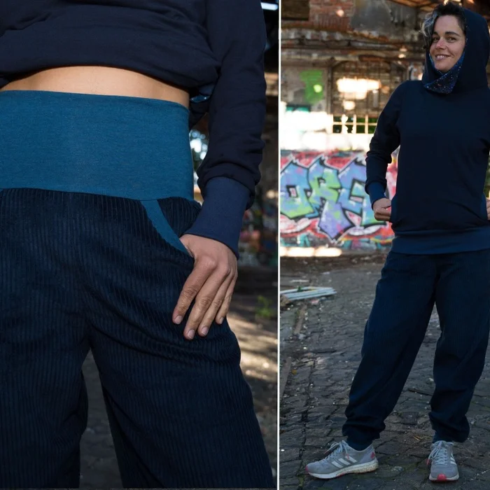 Cordhose marineblau mit blau melierten Bündchen unisex