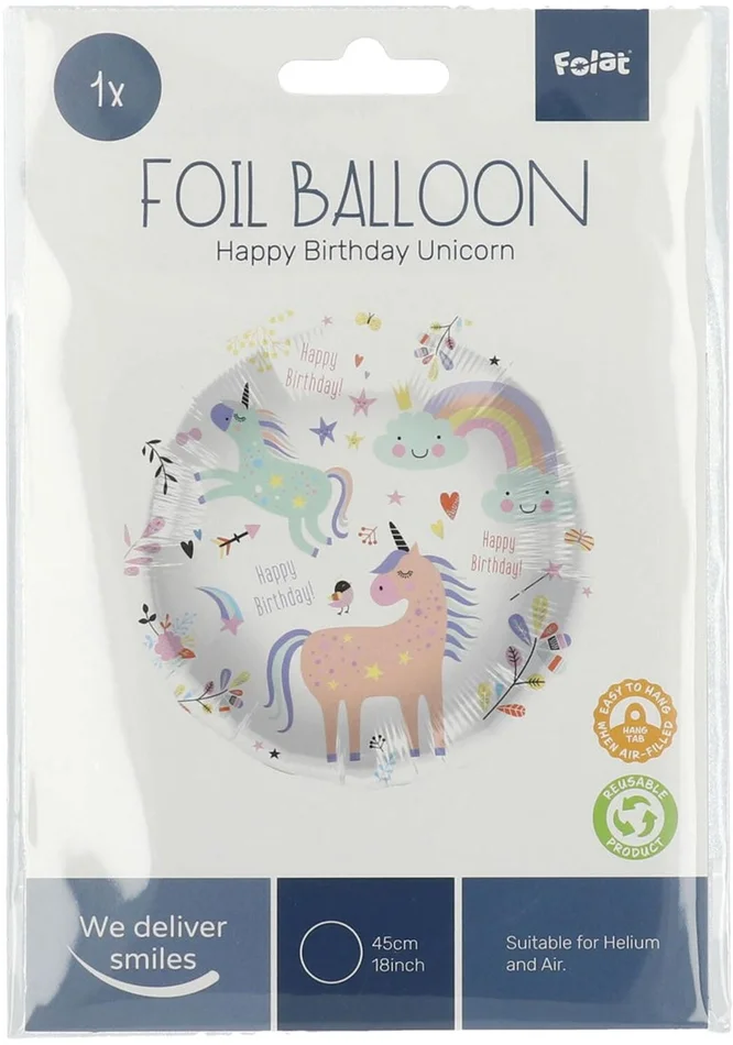 Folieballon Happy Birthday Unicorns 45cm.