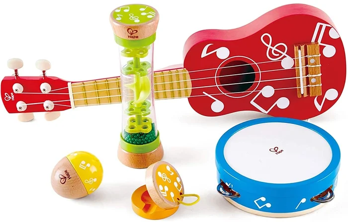 Hape E0339 Mini-Band Set – Ukulele, Tamburin, Kastagnette, Rassel und Regenmacher