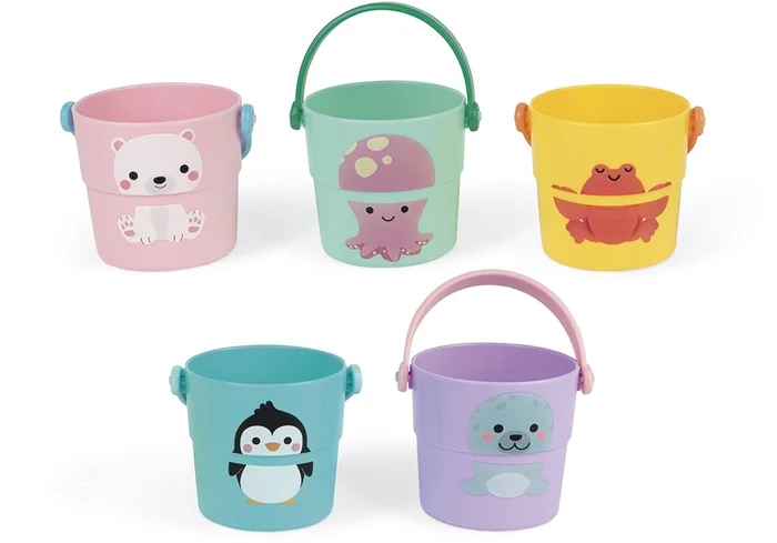 Janod – 5 Spieleimer für die Badewanne – Baby- und Kleinkindspielzeug – Handhabung und Geschicklichkeit – Lernen der Zahlen – Ab 10 Monaten, J04724