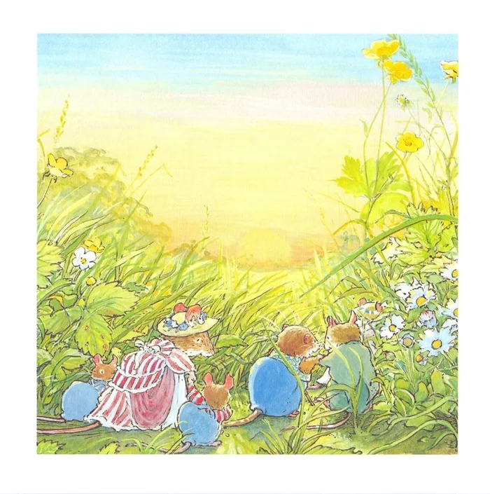 Kaart+envelop. Brambly Hedge. Zonsondergang in de weide. 16×16 cm.