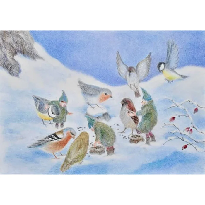 Monika Speck Kunstkarte No 5749 – Fütterung der Wintervögel