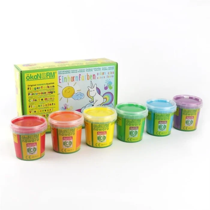 ökoNorm Fingerfarben nawaro, 6er Set „Einhorn Norman“ – rot, orange, gelb, grün, türkis, violett