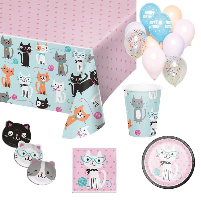 Partydeko Set mittel Purr-fect für 8 Kinder