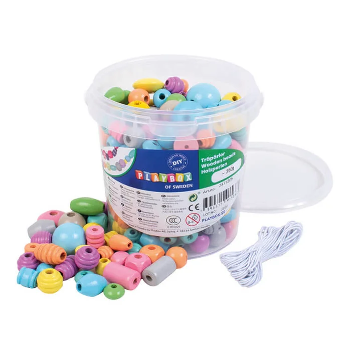 Playbox Holzperlen im Eimer 250 gr pastellfarben