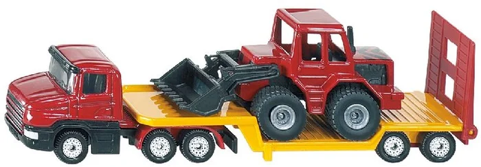 SIKU 1616, Tieflader mit Frontlader, Metall/Kunststoff, Orange, Klappbare Heckklappe, Abkuppelbar