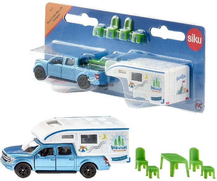 siku 1693, Ford F150 Pick-Up Camper, Metall/Kunststoff, Blau/Weiß, Stühle, Hocker und Tisch, Ausziehbare Markise