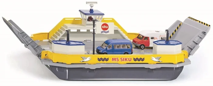 SIKU 1750, Autofähre, 1:50, Metall/Kunststoff, Inkl. 2 Spielzeug-Autos, Gelb/Grau, Schwimmfähig, Bewegliche Rampen