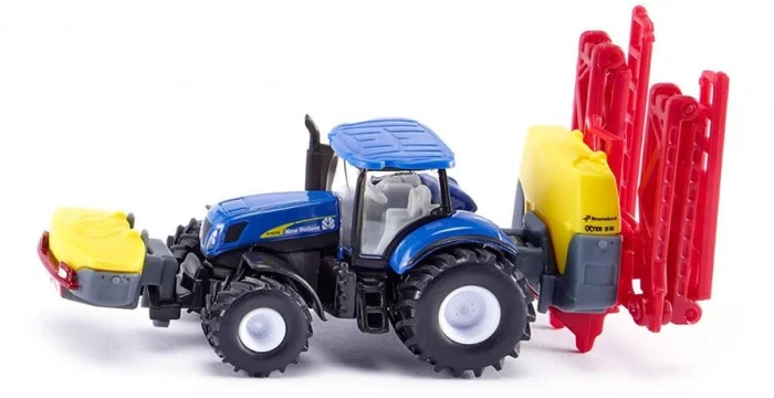 SIKU 1799, New Holland Traktor mit Kverneland Pflanzenschutzspritze, 1:87, Metall/Kunststoff, Blau, Einklappbares Gestänge
