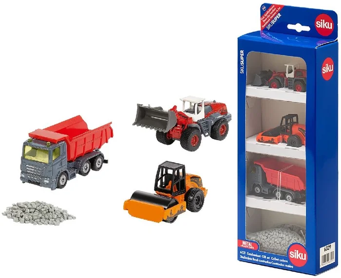siku 6329, Geschenkset Straßenbau, Muldenkipper, Liebherr Radlader, Straßenwalze, Bewegliche Teile, Inkl. Granulat