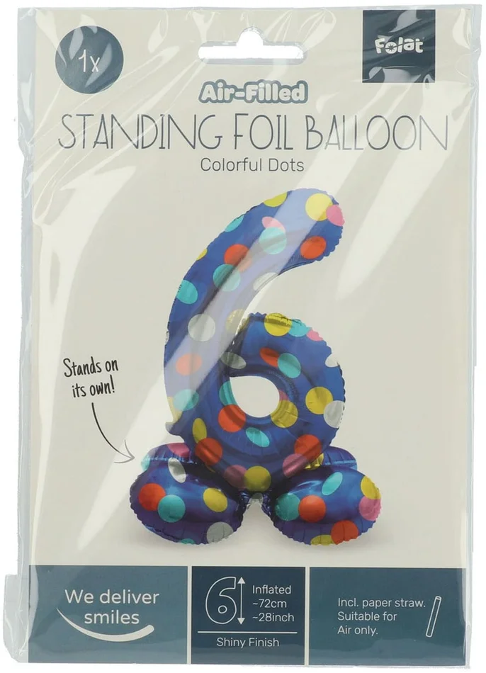 Staande Folieballon Colorful Dots Cijfer 6 – 72cm