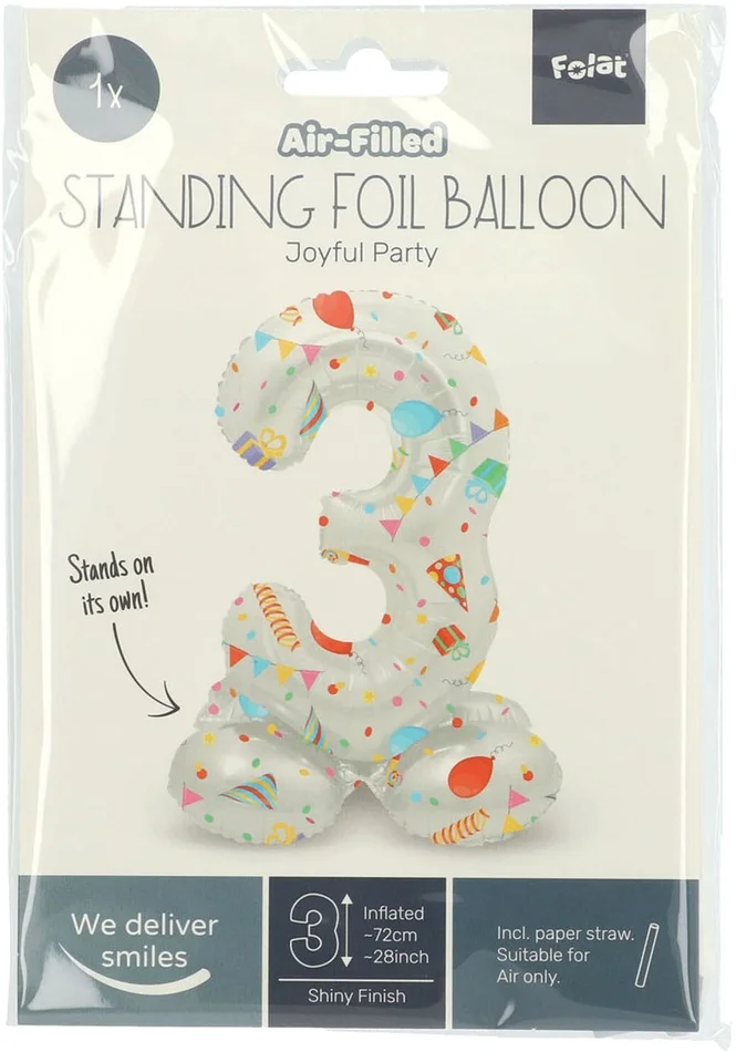 Staande Folieballon Joyful Party Cijfer 3 -72cm