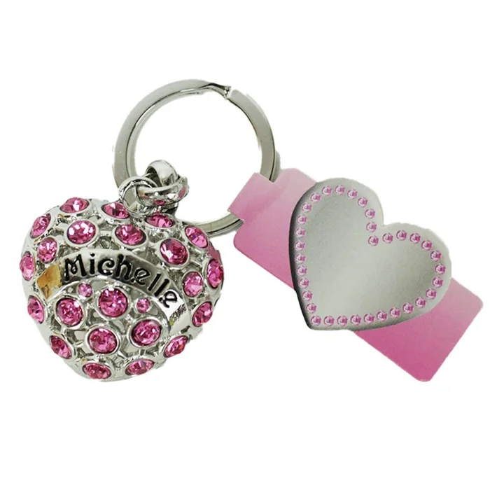 Strass Herz mit diversen Namen und Sprüchen, an Schlüsselkette, alle in Farbe rosa, 4 cm