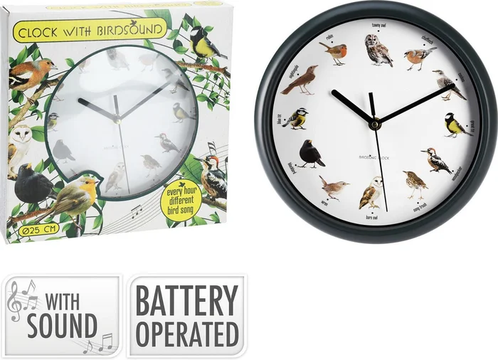 Wandklok Birds 25cm met vogel geluiden