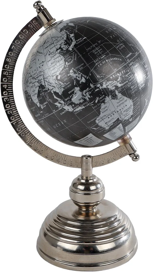 Wereldbol World zwart/zilver hout/metaal 11x12x25cm