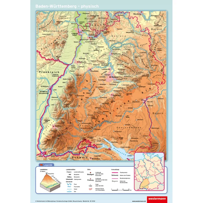 Westermann Posterkarte Baden-Württemberg, physisch/politisch | 303032/F