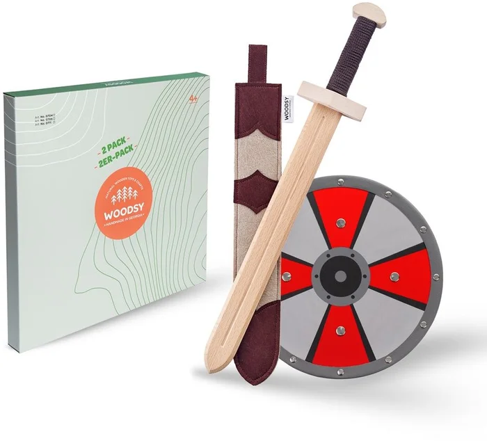 Woodsy Houten set Zwaard met houder en schild. 44,5x9x4 cm. Schild: 31 cm. Beukenhout. 4+