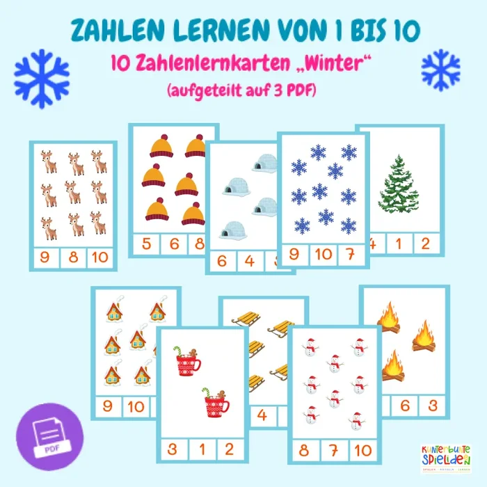 Zahlenkarten „Winter“ (PDF) – Zahlen lernen 1 bis 10 – Wintersymbole